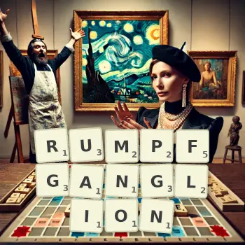Kreative Illustration für ein Scrabble-Spiel, bei dem das Wort RUMPFGANGLION mit Steinen auf dem Brett gelegt wurde.