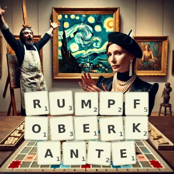 Kreative Illustration für ein Scrabble-Spiel, bei dem das Wort RUMPFOBERKANTE mit Steinen auf dem Brett gelegt wurde.