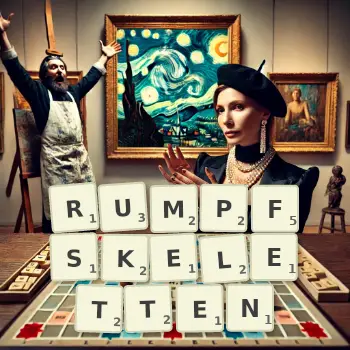 Kreative Illustration für ein Scrabble-Spiel, bei dem das Wort RUMPFSKELETTEN mit Steinen auf dem Brett gelegt wurde.