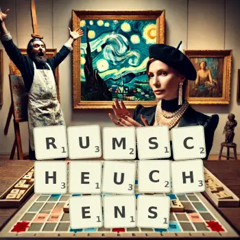 Kreative Illustration für ein Scrabble-Spiel, bei dem das Wort RUMSCHEUCHENS mit Steinen auf dem Brett gelegt wurde.
