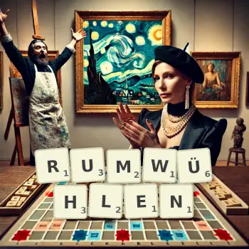 Kreative Illustration für ein Scrabble-Spiel, bei dem das Wort RUMWÜHLEN mit Steinen auf dem Brett gelegt wurde.