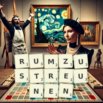 Kreative Illustration für ein Scrabble-Spiel, bei dem das Wort RUMZUSTREUNEN mit Steinen auf dem Brett gelegt wurde.