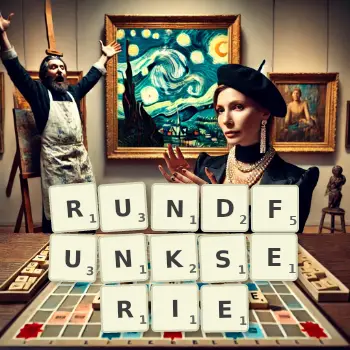 Kreative Illustration für ein Scrabble-Spiel, bei dem das Wort RUNDFUNKSERIE mit Steinen auf dem Brett gelegt wurde.