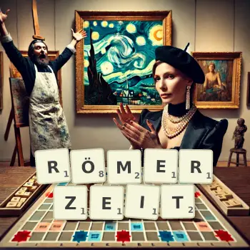 Kreative Illustration für ein Scrabble-Spiel, bei dem das Wort RÖMERZEIT mit Steinen auf dem Brett gelegt wurde.