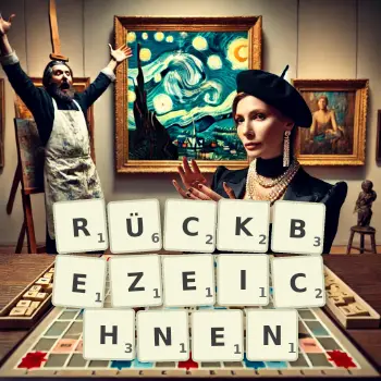 Kreative Illustration für ein Scrabble-Spiel, bei dem das Wort RÜCKBEZEICHNEN mit Steinen auf dem Brett gelegt wurde.