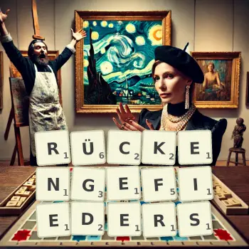 Kreative Illustration für ein Scrabble-Spiel, bei dem das Wort RÜCKENGEFIEDERS mit Steinen auf dem Brett gelegt wurde.