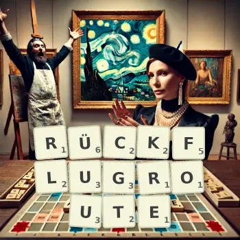 Kreative Illustration für ein Scrabble-Spiel, bei dem das Wort RÜCKFLUGROUTE mit Steinen auf dem Brett gelegt wurde.