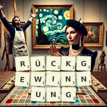 Kreative Illustration für ein Scrabble-Spiel, bei dem das Wort RÜCKGEWINNUNG mit Steinen auf dem Brett gelegt wurde.