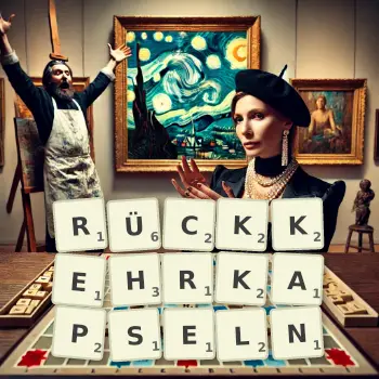 Kreative Illustration für ein Scrabble-Spiel, bei dem das Wort RÜCKKEHRKAPSELN mit Steinen auf dem Brett gelegt wurde.