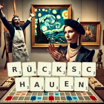 Kreative Illustration für ein Scrabble-Spiel, bei dem das Wort RÜCKSCHAUEN mit Steinen auf dem Brett gelegt wurde.