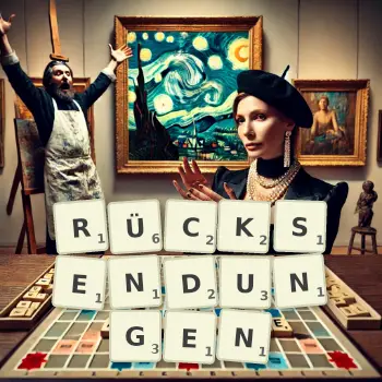 Kreative Illustration für ein Scrabble-Spiel, bei dem das Wort RÜCKSENDUNGEN mit Steinen auf dem Brett gelegt wurde.