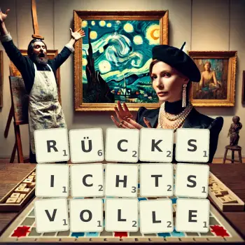 Kreative Illustration für ein Scrabble-Spiel, bei dem das Wort RÜCKSICHTSVOLLE mit Steinen auf dem Brett gelegt wurde.