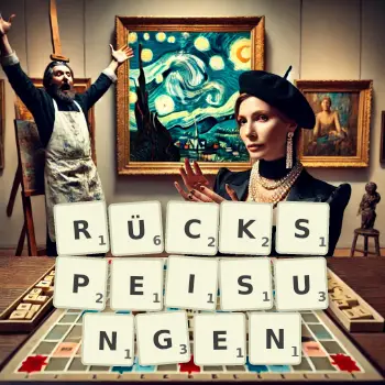 Kreative Illustration für ein Scrabble-Spiel, bei dem das Wort RÜCKSPEISUNGEN mit Steinen auf dem Brett gelegt wurde.