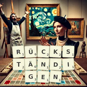 Kreative Illustration für ein Scrabble-Spiel, bei dem das Wort RÜCKSTÄNDIGEN mit Steinen auf dem Brett gelegt wurde.