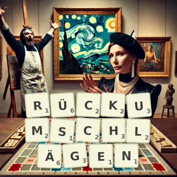 Kreative Illustration für ein Scrabble-Spiel, bei dem das Wort RÜCKUMSCHLÄGEN mit Steinen auf dem Brett gelegt wurde.
