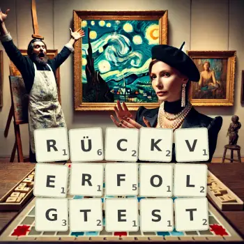 Kreative Illustration für ein Scrabble-Spiel, bei dem das Wort RÜCKVERFOLGTEST mit Steinen auf dem Brett gelegt wurde.