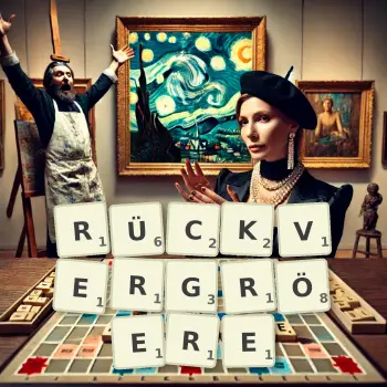 Kreative Illustration für ein Scrabble-Spiel, bei dem das Wort RÜCKVERGRÖERE mit Steinen auf dem Brett gelegt wurde.