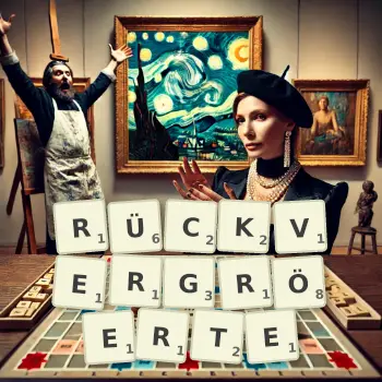 Kreative Illustration für ein Scrabble-Spiel, bei dem das Wort RÜCKVERGRÖERTE mit Steinen auf dem Brett gelegt wurde.