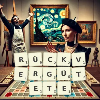 Kreative Illustration für ein Scrabble-Spiel, bei dem das Wort RÜCKVERGÜTETE mit Steinen auf dem Brett gelegt wurde.