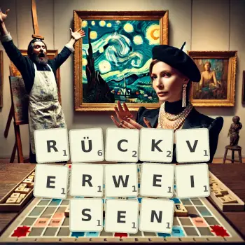 Kreative Illustration für ein Scrabble-Spiel, bei dem das Wort RÜCKVERWEISEN mit Steinen auf dem Brett gelegt wurde.