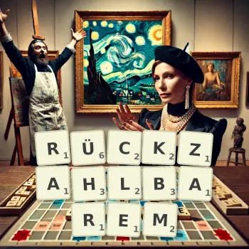 Kreative Illustration für ein Scrabble-Spiel, bei dem das Wort RÜCKZAHLBAREM mit Steinen auf dem Brett gelegt wurde.