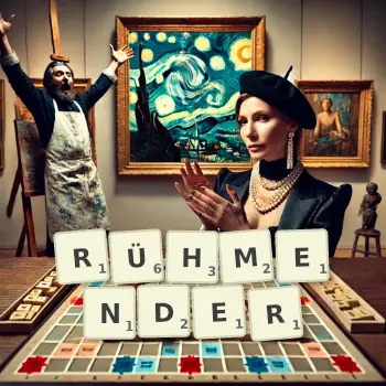 Kreative Illustration für ein Scrabble-Spiel, bei dem das Wort RÜHMENDER mit Steinen auf dem Brett gelegt wurde.