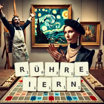 Kreative Illustration für ein Scrabble-Spiel, bei dem das Wort RÜHREIERN mit Steinen auf dem Brett gelegt wurde.