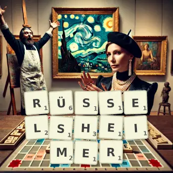Kreative Illustration für ein Scrabble-Spiel, bei dem das Wort RÜSSELSHEIMER mit Steinen auf dem Brett gelegt wurde.