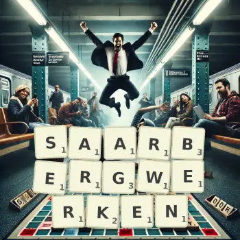 Kreative Illustration für ein Scrabble-Spiel, bei dem das Wort SAARBERGWERKEN mit Steinen auf dem Brett gelegt wurde.