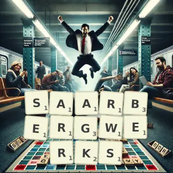 Kreative Illustration für ein Scrabble-Spiel, bei dem das Wort SAARBERGWERKS mit Steinen auf dem Brett gelegt wurde.