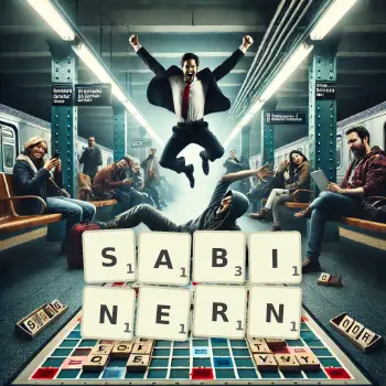 Kreative Illustration für ein Scrabble-Spiel, bei dem das Wort SABINERN mit Steinen auf dem Brett gelegt wurde.