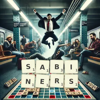 Kreative Illustration für ein Scrabble-Spiel, bei dem das Wort SABINERS mit Steinen auf dem Brett gelegt wurde.