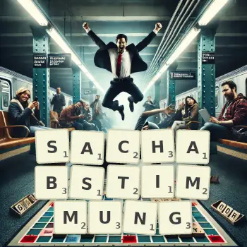 Kreative Illustration für ein Scrabble-Spiel, bei dem das Wort SACHABSTIMMUNG mit Steinen auf dem Brett gelegt wurde.