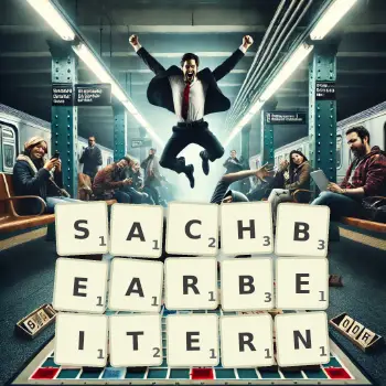 Kreative Illustration für ein Scrabble-Spiel, bei dem das Wort SACHBEARBEITERN mit Steinen auf dem Brett gelegt wurde.