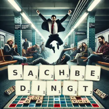Kreative Illustration für ein Scrabble-Spiel, bei dem das Wort SACHBEDINGT mit Steinen auf dem Brett gelegt wurde.