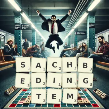 Kreative Illustration für ein Scrabble-Spiel, bei dem das Wort SACHBEDINGTEM mit Steinen auf dem Brett gelegt wurde.