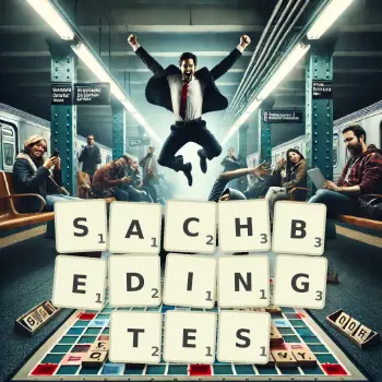 Kreative Illustration für ein Scrabble-Spiel, bei dem das Wort SACHBEDINGTES mit Steinen auf dem Brett gelegt wurde.