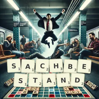 Kreative Illustration für ein Scrabble-Spiel, bei dem das Wort SACHBESTAND mit Steinen auf dem Brett gelegt wurde.
