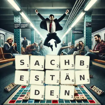 Kreative Illustration für ein Scrabble-Spiel, bei dem das Wort SACHBESTÄNDEN mit Steinen auf dem Brett gelegt wurde.