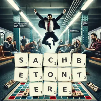 Kreative Illustration für ein Scrabble-Spiel, bei dem das Wort SACHBETONTERE mit Steinen auf dem Brett gelegt wurde.