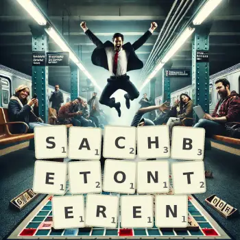Kreative Illustration für ein Scrabble-Spiel, bei dem das Wort SACHBETONTEREN mit Steinen auf dem Brett gelegt wurde.