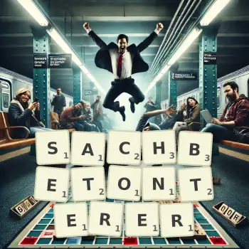 Kreative Illustration für ein Scrabble-Spiel, bei dem das Wort SACHBETONTERER mit Steinen auf dem Brett gelegt wurde.