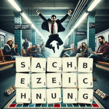 Kreative Illustration für ein Scrabble-Spiel, bei dem das Wort SACHBEZEICHNUNG mit Steinen auf dem Brett gelegt wurde.