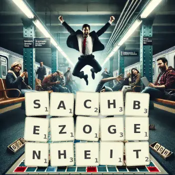 Kreative Illustration für ein Scrabble-Spiel, bei dem das Wort SACHBEZOGENHEIT mit Steinen auf dem Brett gelegt wurde.