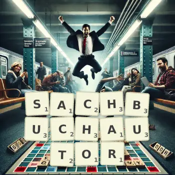 Kreative Illustration für ein Scrabble-Spiel, bei dem das Wort SACHBUCHAUTOR mit Steinen auf dem Brett gelegt wurde.