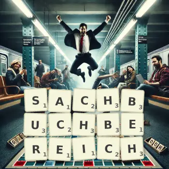 Kreative Illustration für ein Scrabble-Spiel, bei dem das Wort SACHBUCHBEREICH mit Steinen auf dem Brett gelegt wurde.