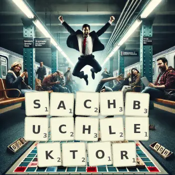 Kreative Illustration für ein Scrabble-Spiel, bei dem das Wort SACHBUCHLEKTOR mit Steinen auf dem Brett gelegt wurde.