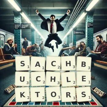 Kreative Illustration für ein Scrabble-Spiel, bei dem das Wort SACHBUCHLEKTORS mit Steinen auf dem Brett gelegt wurde.
