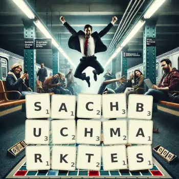 Kreative Illustration für ein Scrabble-Spiel, bei dem das Wort SACHBUCHMARKTES mit Steinen auf dem Brett gelegt wurde.