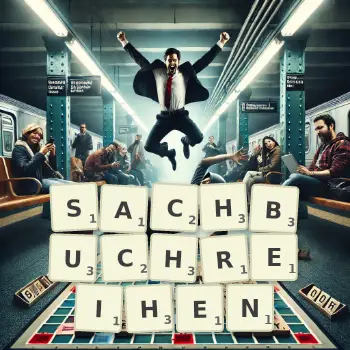 Kreative Illustration für ein Scrabble-Spiel, bei dem das Wort SACHBUCHREIHEN mit Steinen auf dem Brett gelegt wurde.